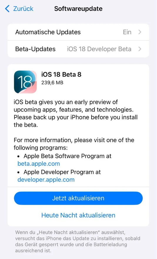 鄂托克前苹果手机维修分享苹果 iOS / iPadOS 18 开发者预览版 Beta 8 发布 